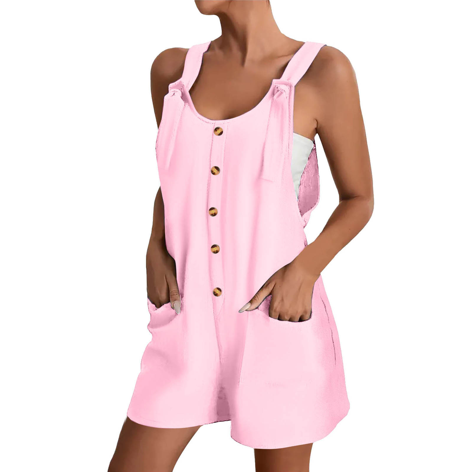 thumbnail image 2 of Mono corto de verano informal con botones para mujer - Poliéster, sin mangas, pantalón corto ancho - S-XXL, 2 of 5